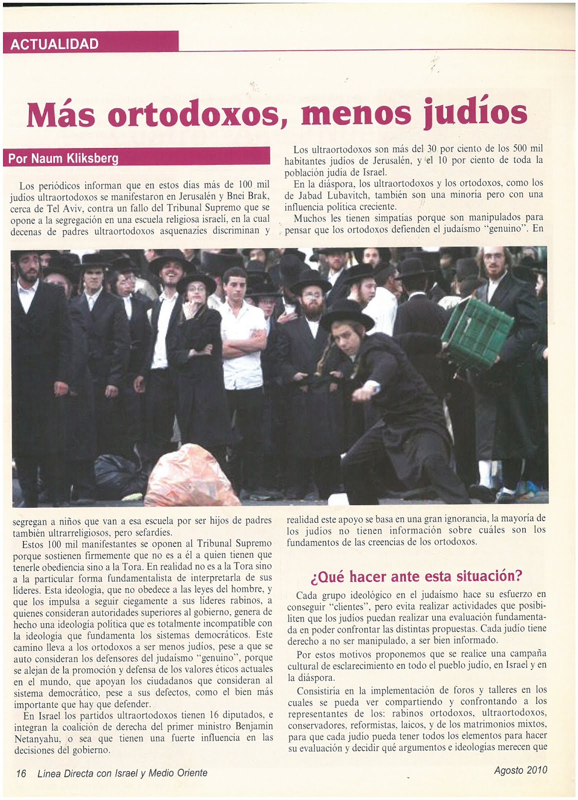 52 -Revista Israelí Linea Directa entre Israel y Medio Oriente.08/2010. Artículo de Naum Kliksberg