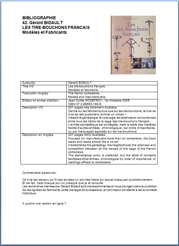 Le blog des tirebouchons BIBLIOGRAPHIE N° 42 LES TIREBOUCHONS