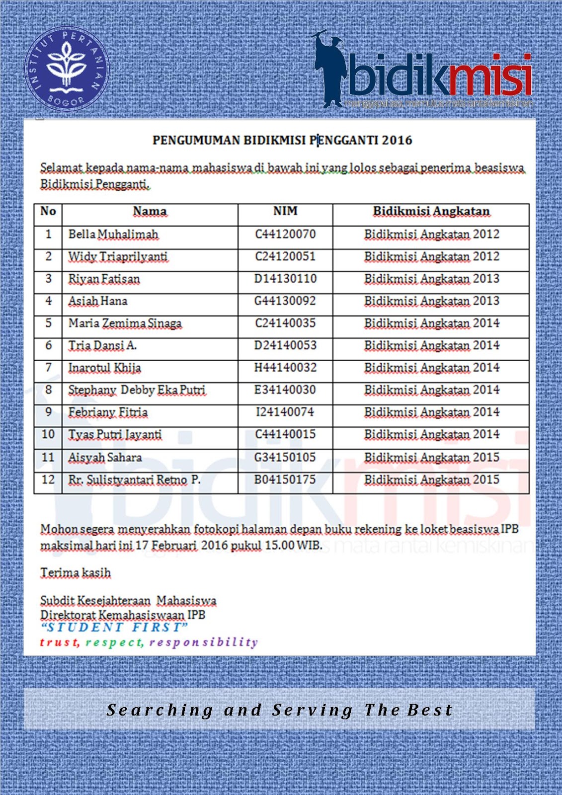PENGUMUMAN BIDIKMISI PENGGANTI 2016 SUBDIT KESEJAHTERAAN