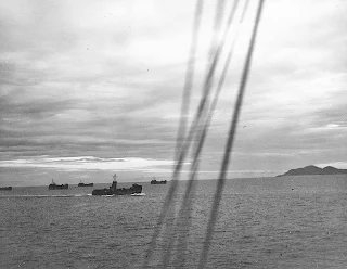 US Navy landing ships offshore at Nasugbu during the January 1945 landing.