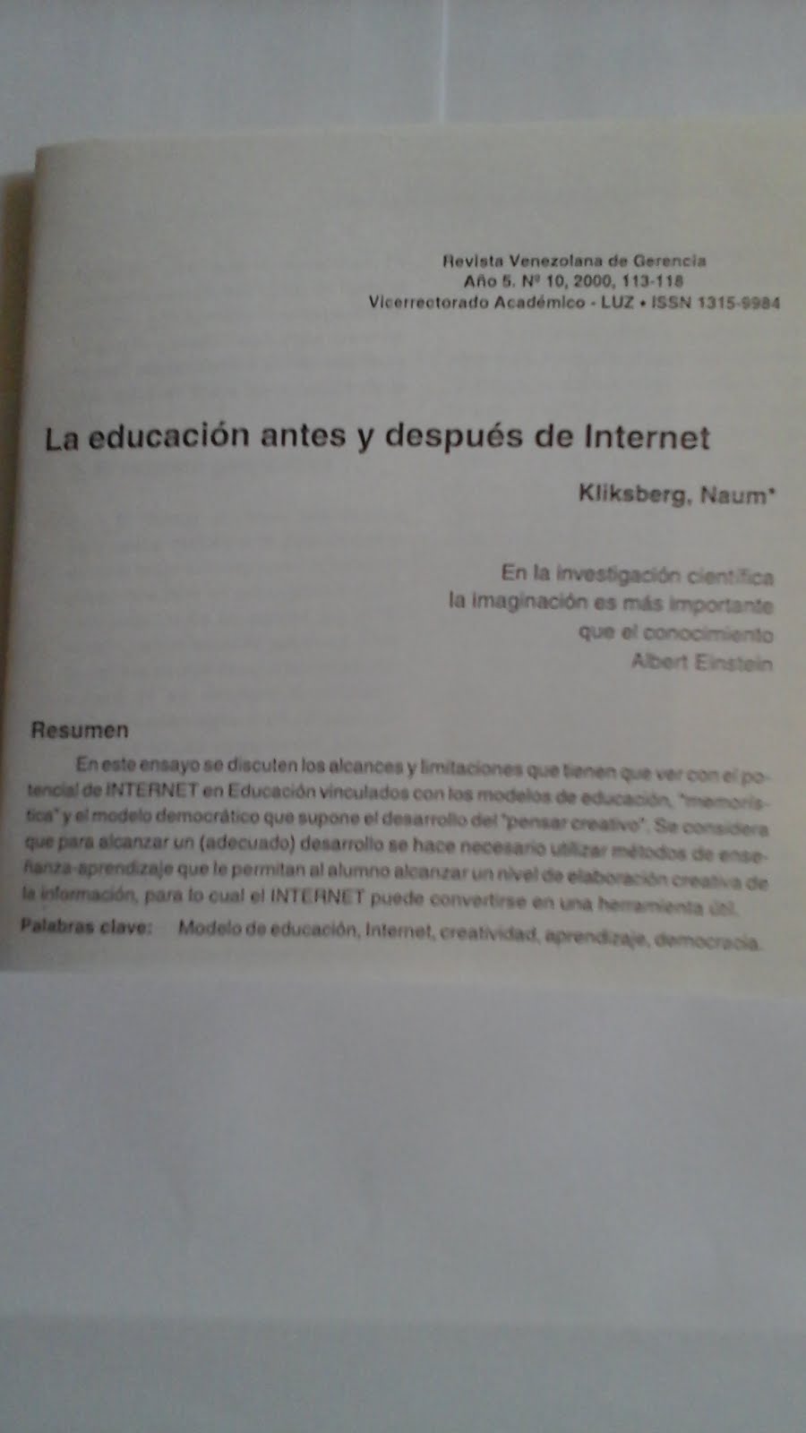 36 - REVISTA DE LA UNIVERSIDAD DE ZULIA, VENEZUELA, 4//2000. PUBLICACIÓN DEL ARTÍCULO DE
