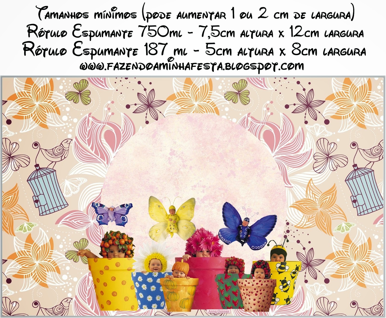 Bebés de Anne Geddes: Etiquetas de Candy bar para Primavera. botella de Champagne