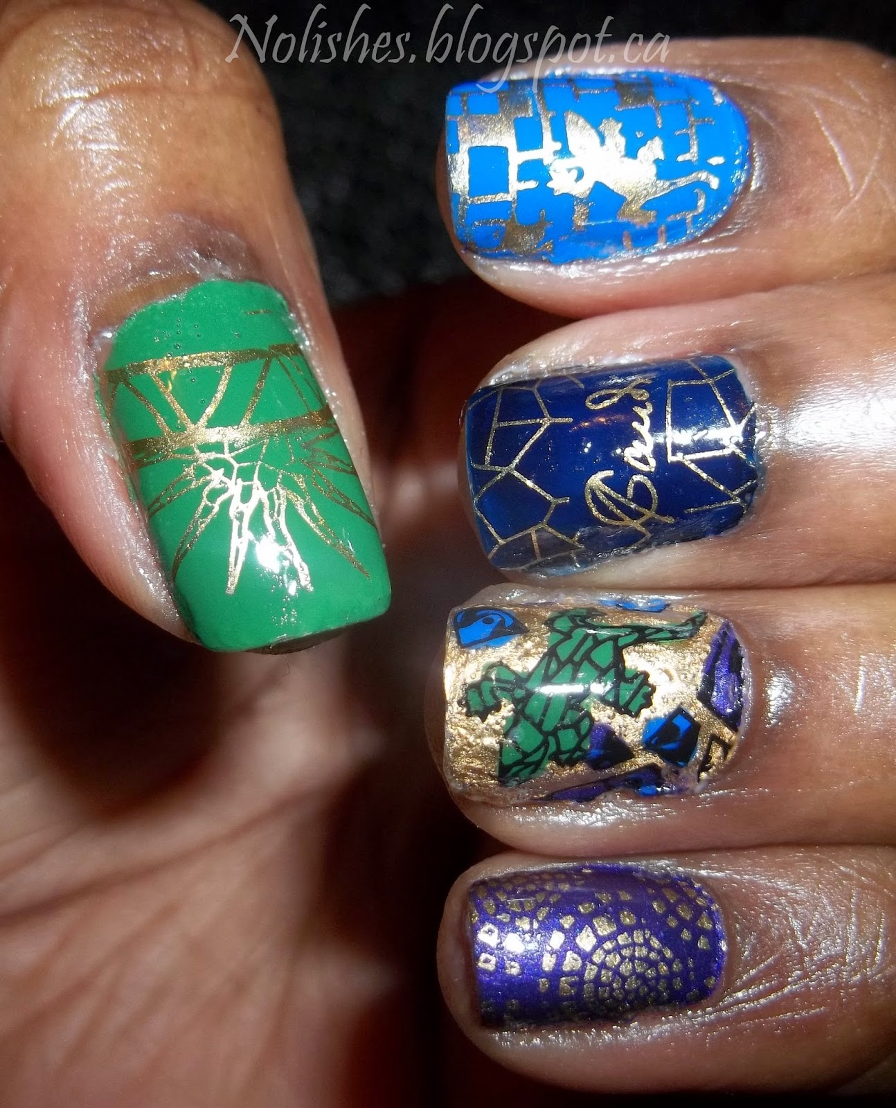 Nail Stamping manicure created using Moyou London Artist 13, in green, blue, navy, purple and gold. 