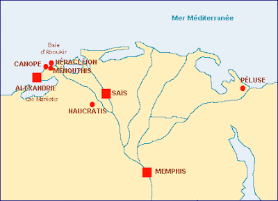 Map of Nile Delta showing Heracleion located near the Canopic mouth of the Nile.