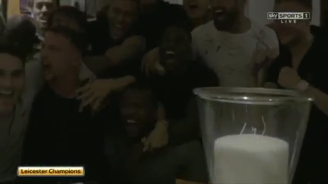 Leicester City players celebrate at Jamie Vardy's house after watching Chelse play a draw with Spurs making the champions