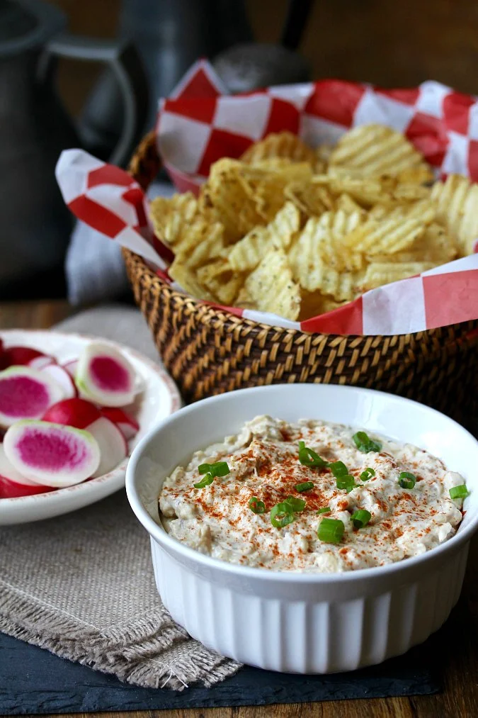 Roasted Onion Dip with Radishes and Potato Chips Karen's Kitchen Stories