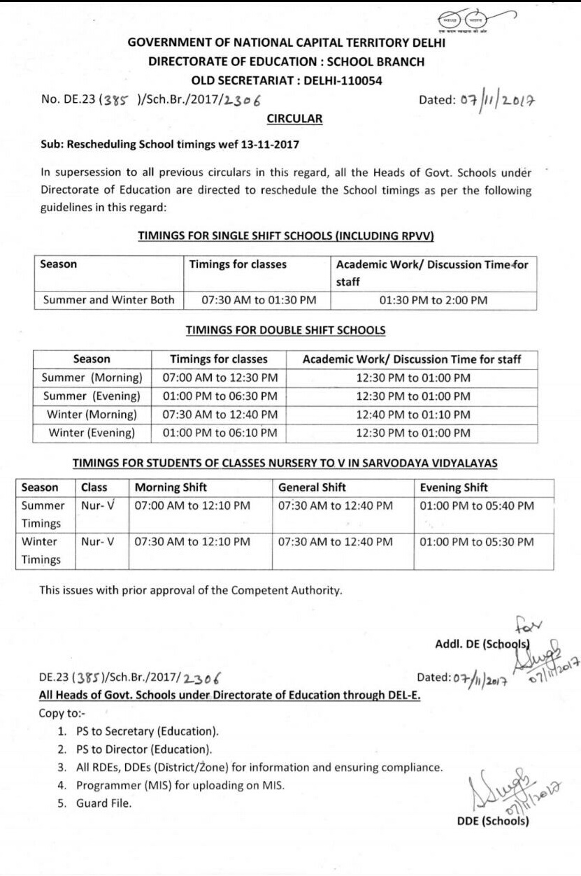 Rescheduling of School Timings of the Schools of DoE. DELHI SCHOOL