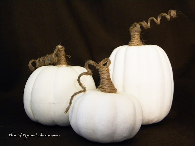 Painted pumpkins with curly jute stems. DIY pumpkin decor. Easy Fall decor and decorating ideas. Neutral Fall crafts