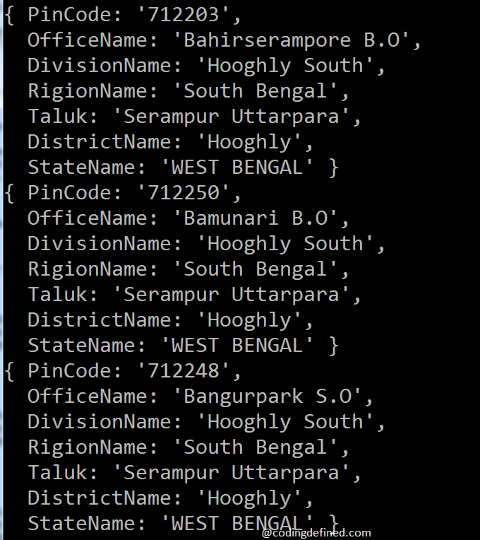 Lookup Indian PinCode Information in NodeJS Coding Defined
