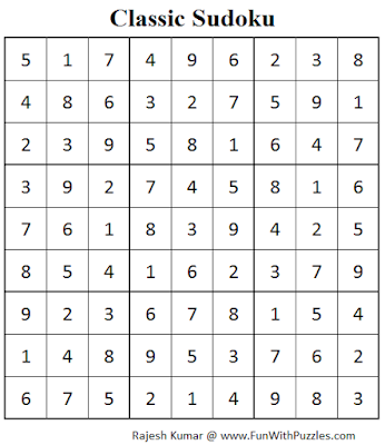 Classic Sudoku (Fun With Sudoku #79) Solution