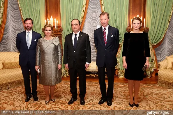 Hereditary Grand Duke Guillaume of Luxembourg and Hereditary Grand Duchess Stéphanie of Luxembourg, Grand Duchess María Teresa of Luxembourg, Grand Duke Henri of Luxembourg receives the French President Francois Hollande