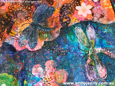Art by Jenny James, mixed media collage of dragonflies using Jane Davenport printed napkins