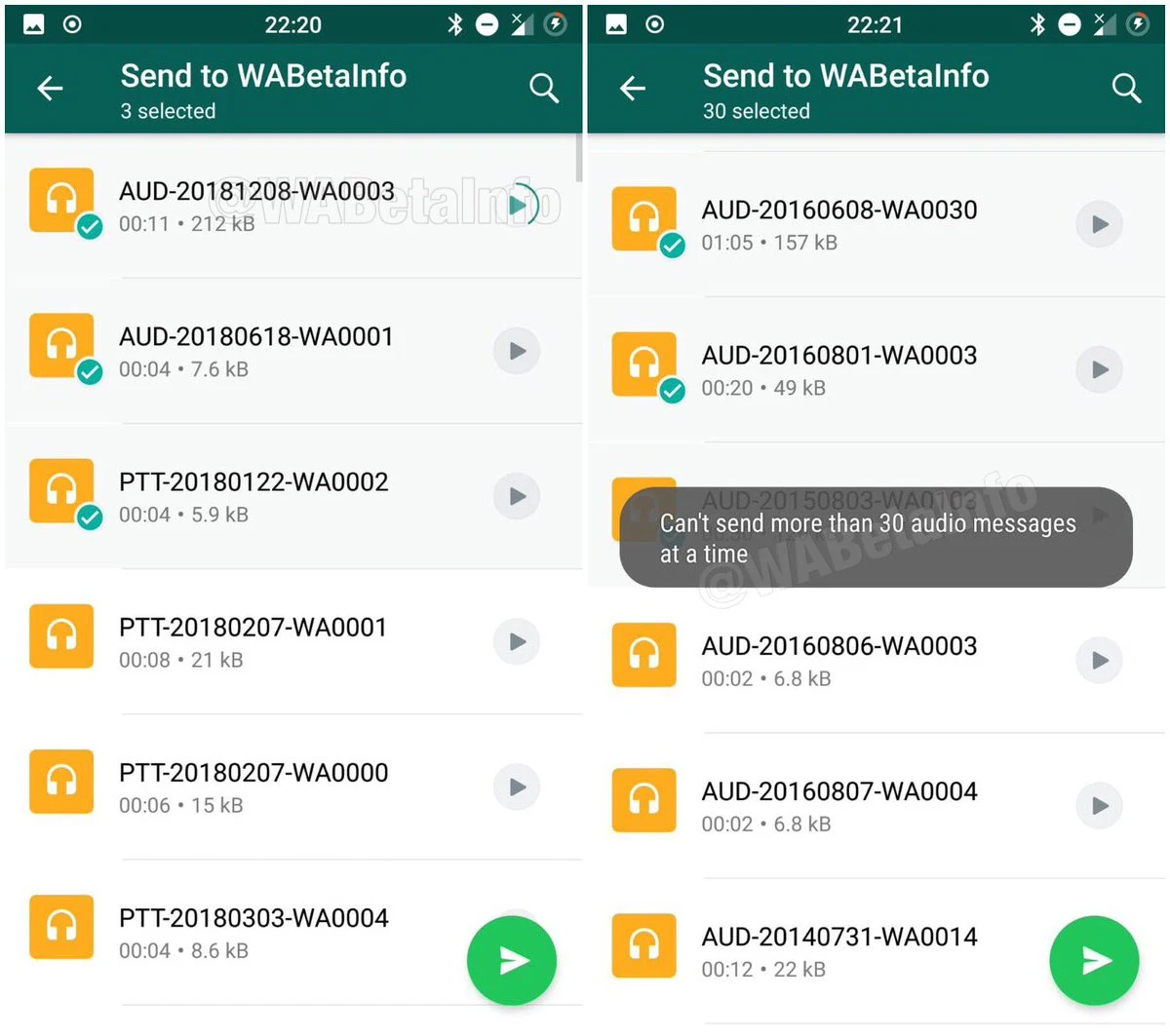 WhatsApp is working on a new redesigned section to send audio files to contact list. It supports audio preview and image preview of the audio file (if available). Max 30 audio messages at a time can be sent.