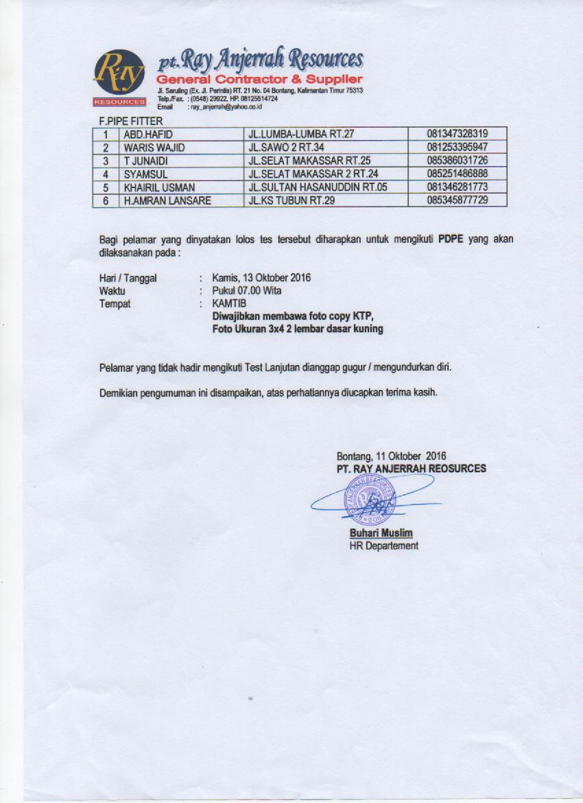 Pengumuman Hasil Seleksi Pt Ray<script async src=