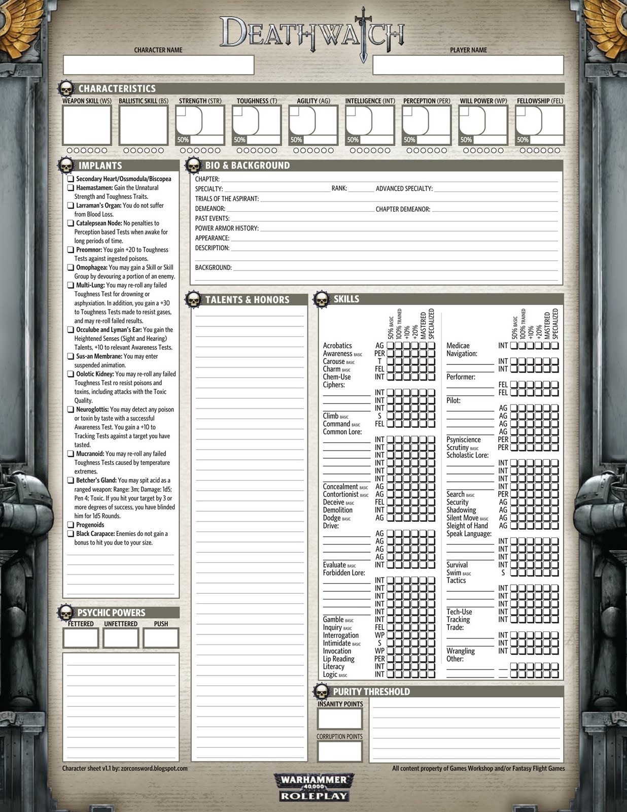 Zorcon S Word Deathwatch Character Sheet