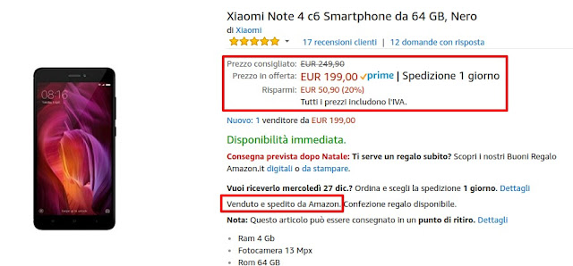 Xiaomi Redmi Note 4 Black 4/64 GB venduto e spedito da Amazon a 199 euro