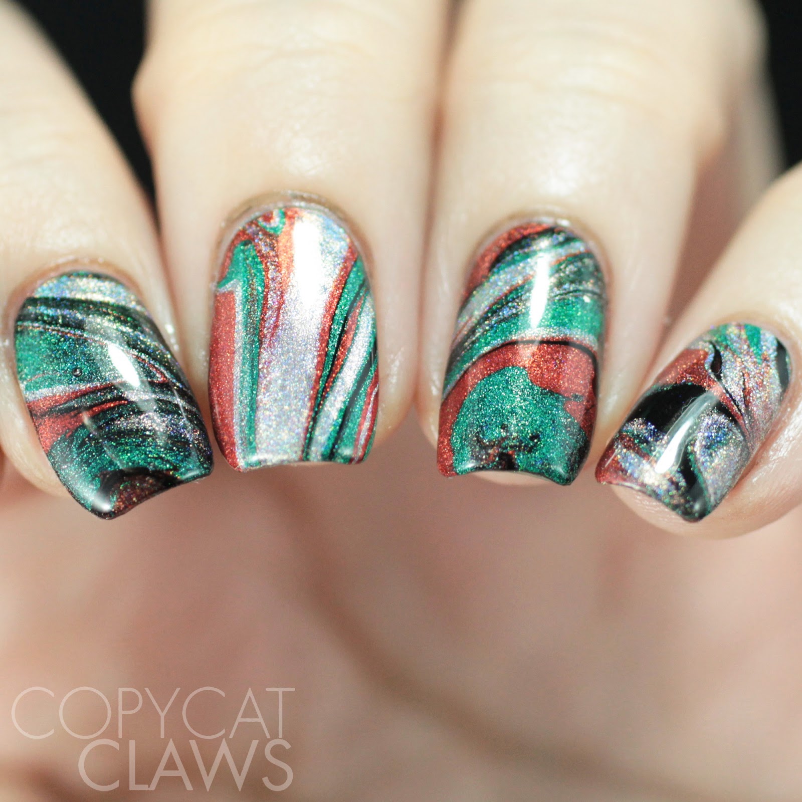 Copycat Claws: The Digit-al Dozen does Holo - Christmas Drip Marble Nails