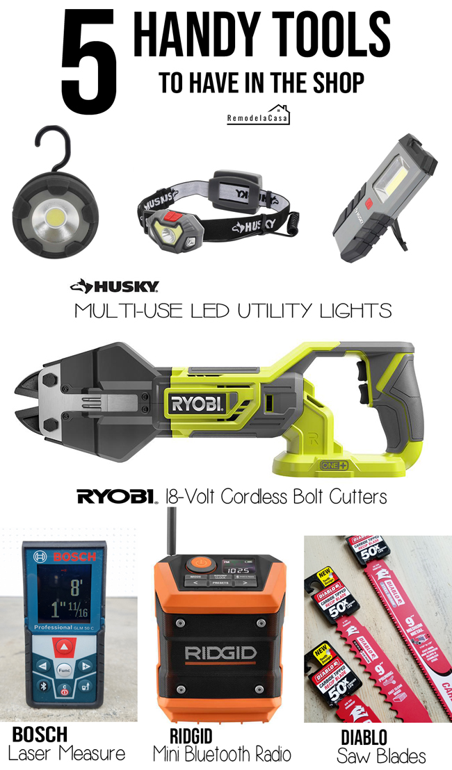 Bosch laser measure, Husky utility LED lights, Ryobi bolt cutters, Ridgid radio, Diablo Tools blades