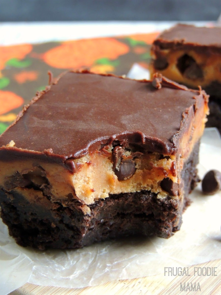 frugal foodie mama pumpkin chocolate chip cookie dough layered brownies