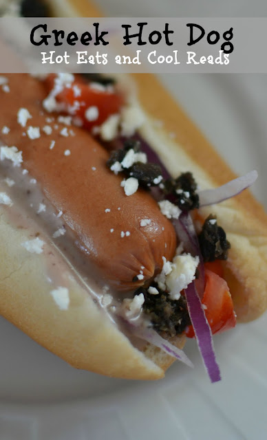 Perfect party food or a quick weeknight dinner! Warm the hot dogs in the slow cooker for easy prep! Greek Hot Dog Recipe from Hot Eats and Cool Reads