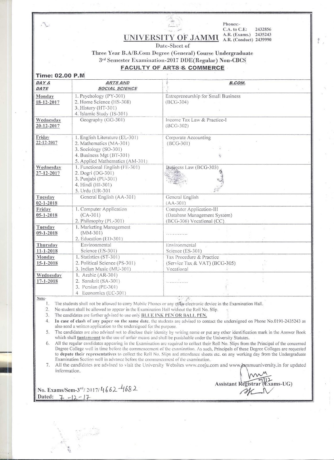 Date Sheet Of Three Year B A B Com Degree General Course Undergraduate 3rd Semester Examination 2017 Dde Regular Non Cbcs Jammu University Jammu University Blog The coe jammu university date sheet for various courses are now available on the official portal. non cbcs jammu university