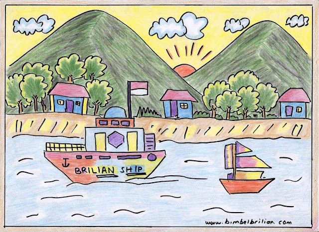 9. Gambar Sungai, Kapal dan Pegunungan 