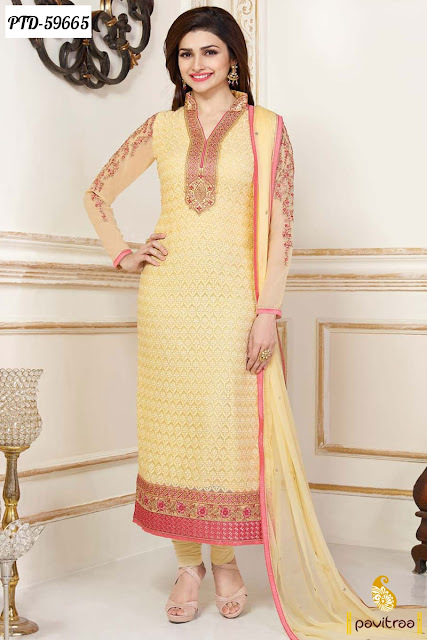 Light yellow color chiffon bollywood salwar suit in prachi deasi style online with cash on delivery service