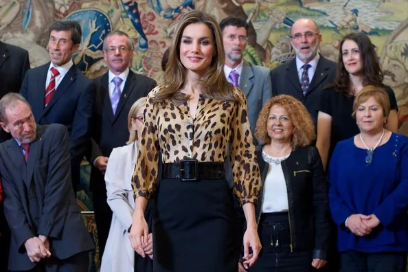 Princess Letizia wore Hugo Boss leopard blouse and Boss black skirt. Style of Princess Letizia
