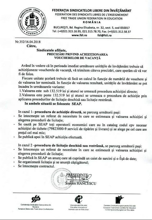 Sindicatul Liber Al Invățămantului Preuniversitar Clujean Aprilie 2018