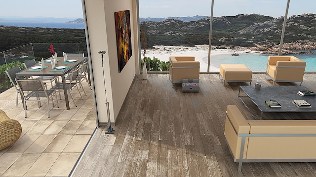 Living room and outdoor dining tiles design with Cement and resins finish tiles Amarcord collection