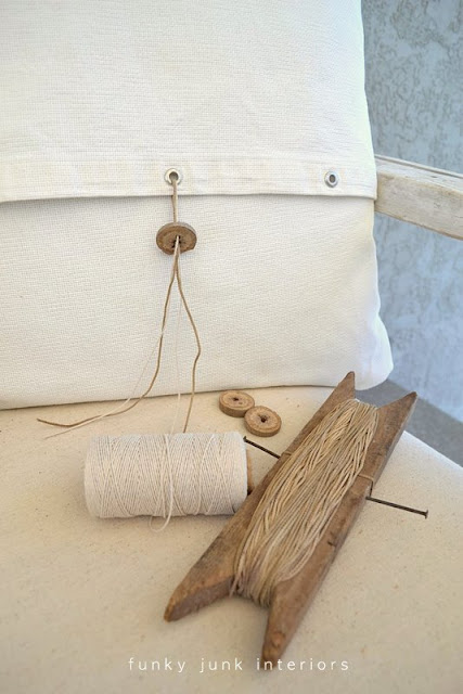 How to make branch buttons on a homemade pillow, part of a pallet wood sofa reveal | funkyjunkinteriors.net