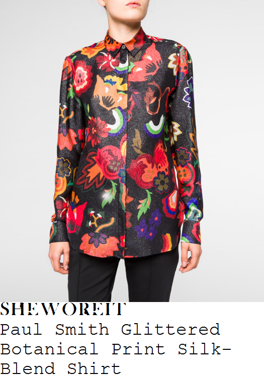 fearne-cotton-paul-smith-black-and-bright-multicoloured-oversized-botanical-floral-print-long-sleeve-collared-curved-hem-glitter-silk-blend-shirt