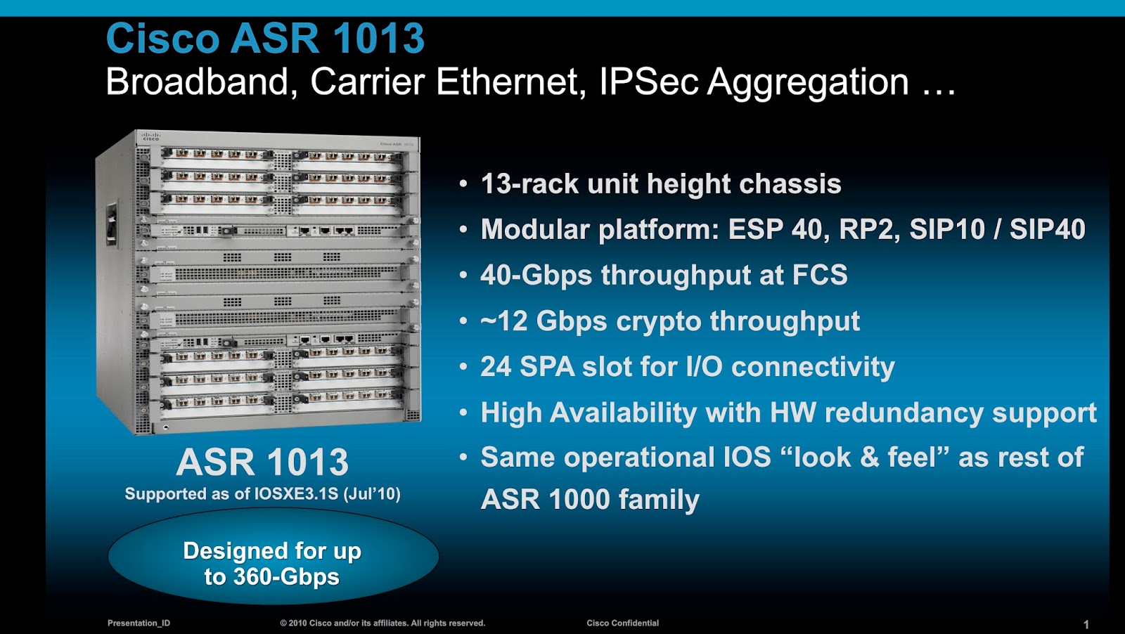 The Cisco ASR 1013 Router offers highly integrated services for enterprise and service provider networks. With 100 Gbps total system bandwidth and 4- to ...