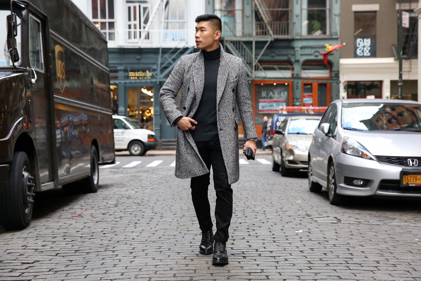 Thom Browne Boots and Sandro Coat, Leo Chan Menswear Outfit