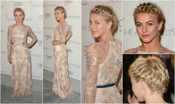 Julianne Hough donned a multi-colour floral long-sleeve embellished gown designed by Jenny Packham, and studded earrings