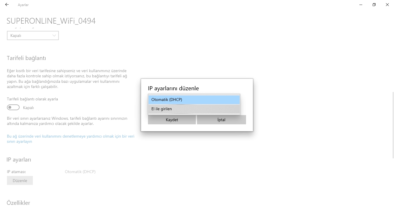 windows 10 da statik ip nasil ayarlanir