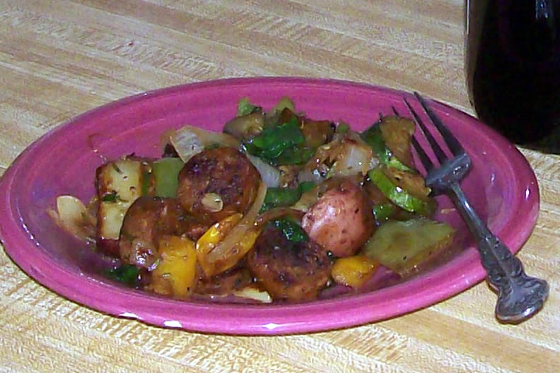 Glo's Kitchen Summer Vegetables with Sausage and Potatoes