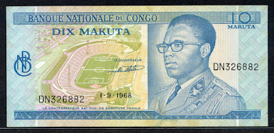 African currency Congo Zaire 10 Makuta banknote, President Mobutu