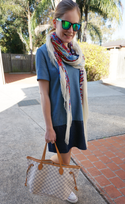 Aussie blogger chambray shirt dress converse louis vuitton neverfull printed scarf
