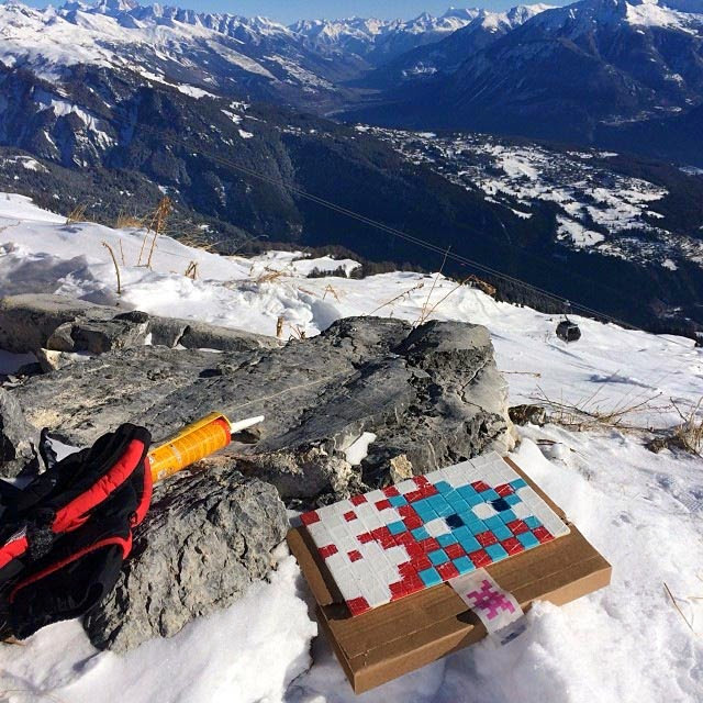 French Street Artist Invader New Wave of Invasion, 2362 meters up high on a mountain in France.