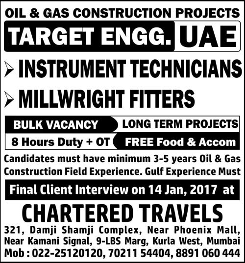 Instrument Technicians ; Millwright Fitters - Job Vacancies in Target Engineering UAE - Walkin Interview in Mumbai