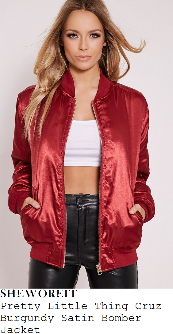 chloe-sims-pretty-little-thing-cruz-burgundy-red-satin-bomber-jacket