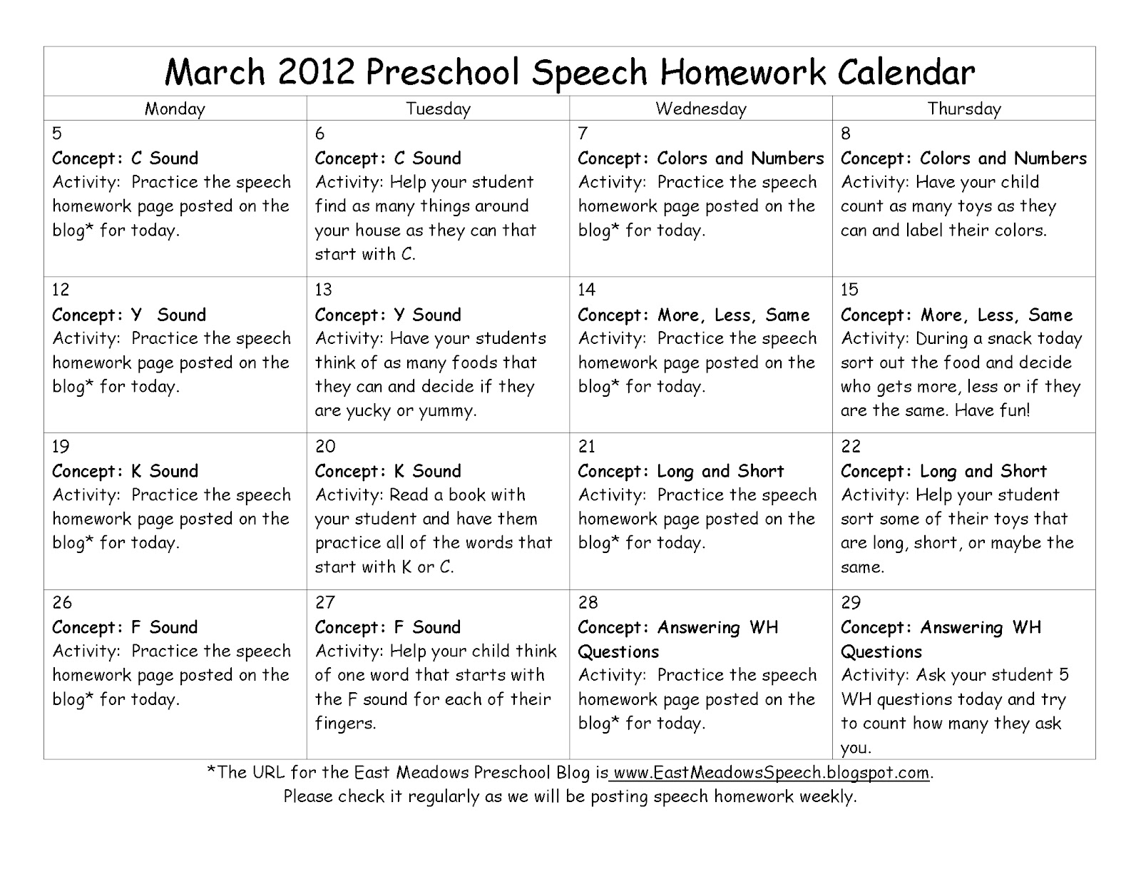 Voice Therapy Homework Calendar