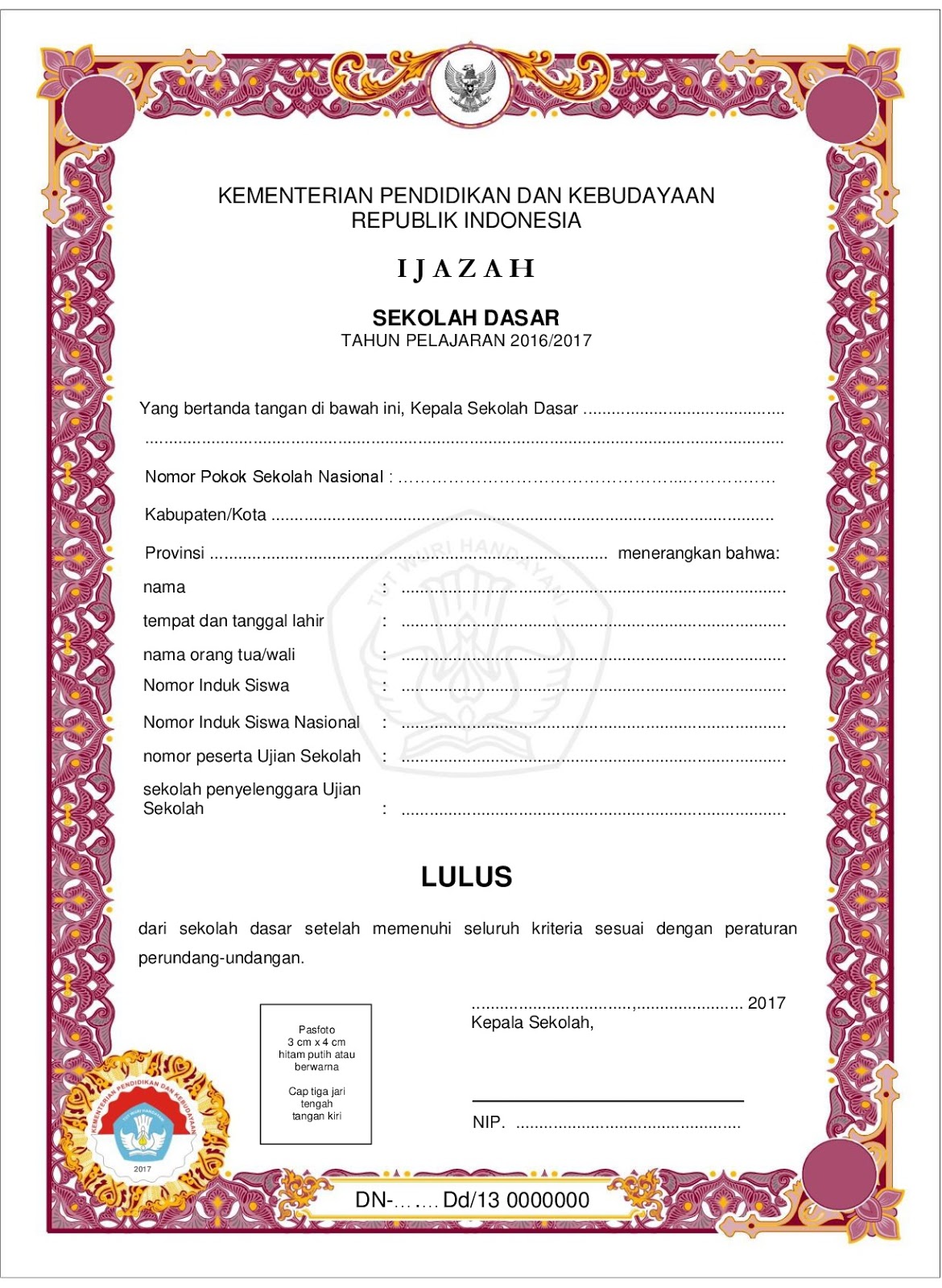 Download Contoh Blangko Ijazah SD Tahun 2017 SIDAPODIK