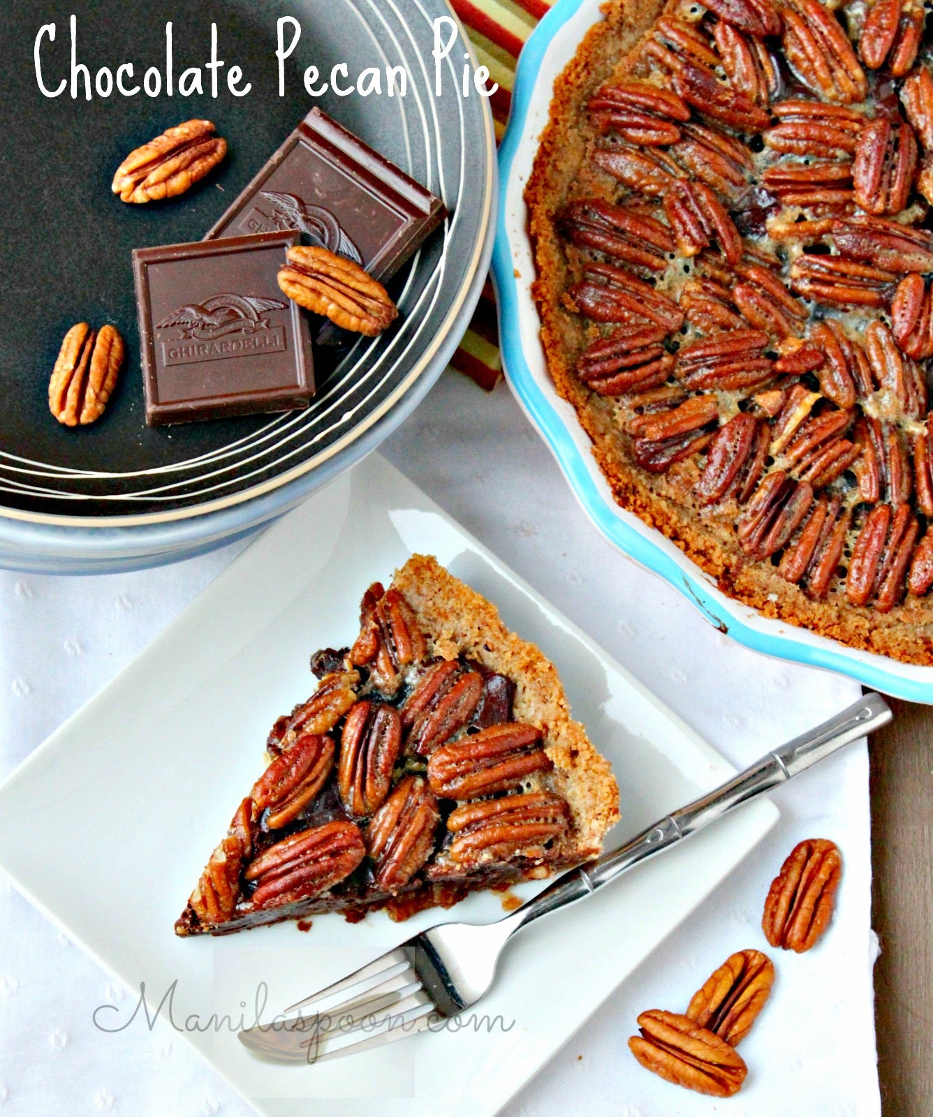 The ultimate dessert for Thanksgiving and Christmas - CHOCOLATE PECAN PIE! This is superbly yummy and looks so pretty, too! | manilaspoon.com