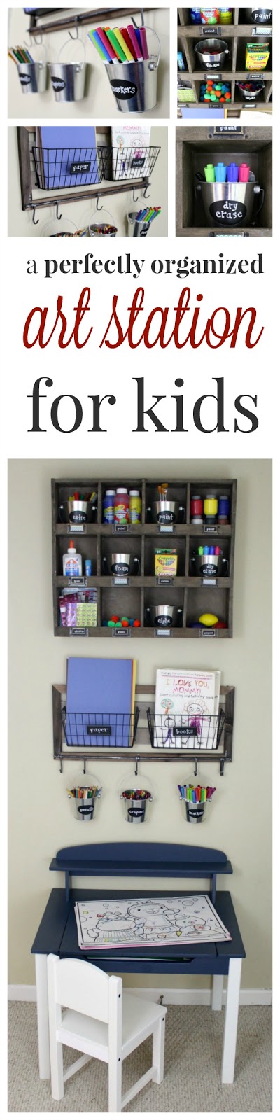A perfectly organized art station for kids- great way to organized art supplies for easy set up and clean up of art or craft projects from toddler to elementary schoool age