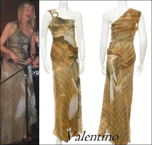 Crown Princess Maxima in RED Valentino metallic one-shoulder a-line dress. Side zip closure. Organza lining