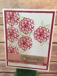 This Rose Red, Pink Pirouette, and Blushing Bride Thank You Card uses Stampin' Up!'s: Sale a Bration What I Love stamp set, Banner Punch, Iced Rhinestones, and the Blushing Bride Sequin Trim.  Check out the Video on the blog: www.stampwithjennifer.blogspot.com