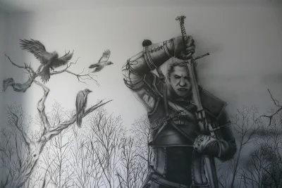 the witcher, malowanie wiedźmina na ścianie w pokoju młodzieżowym, mroczny motyw