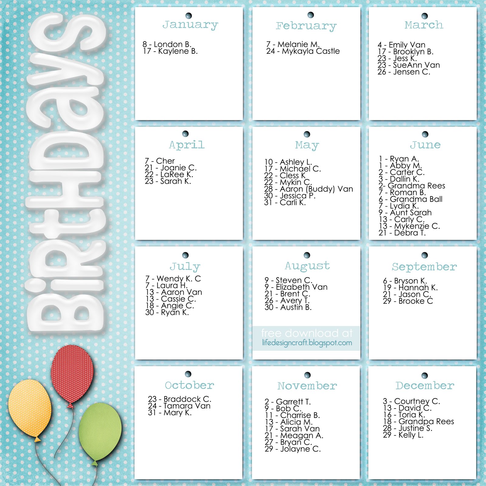 Staff Birthday Calendar Free Template